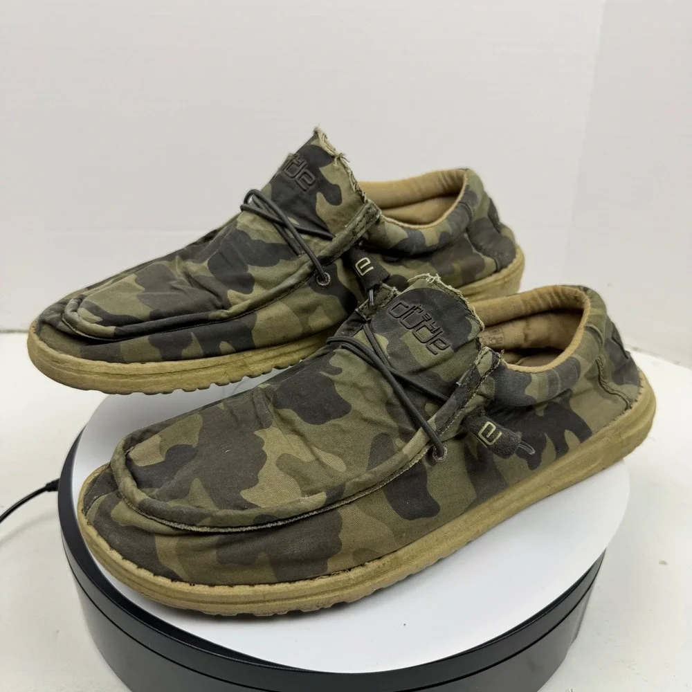 Hey Dude Wally Camo Mens Size 12 Green Camouflage Canvas Slip On Loafers Shoes